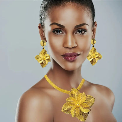 Gold petal necklace earrings set