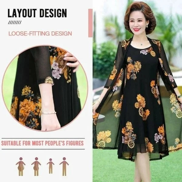 Flower Paint Sleeveles Dress With Cardigan(2PCS/SET)