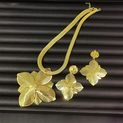 Gold petal necklace earrings set