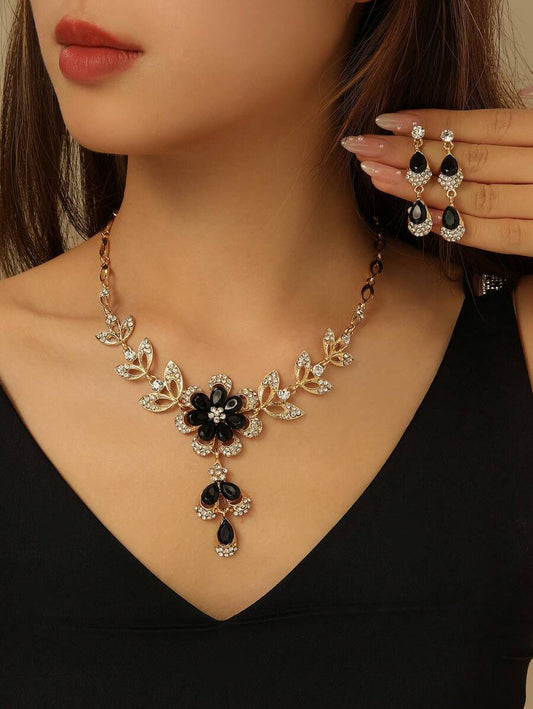 Black Flower & Leaf Shaped Alloy Earrings And Necklace For Women