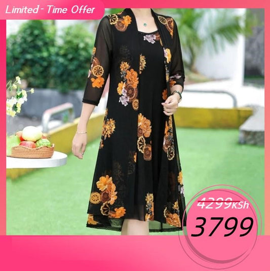 Flower Paint Sleeveles Dress With Cardigan(2PCS/SET)