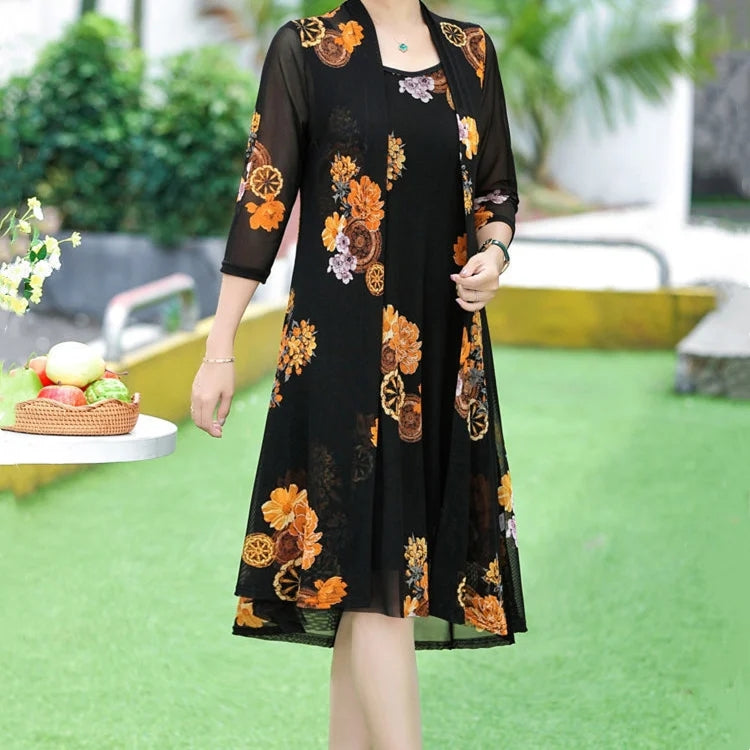 Flower Paint Sleeveles Dress With Cardigan(2PCS/SET)