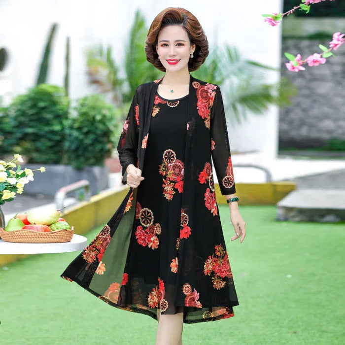 Flower Paint Sleeveles Dress With Cardigan(2PCS/SET)