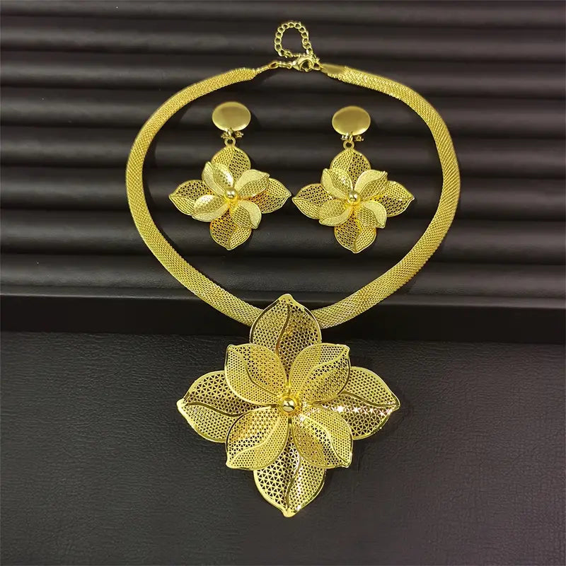 Gold petal necklace earrings set