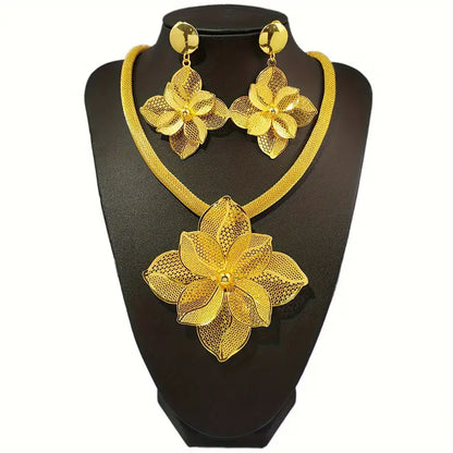 Gold petal necklace earrings set